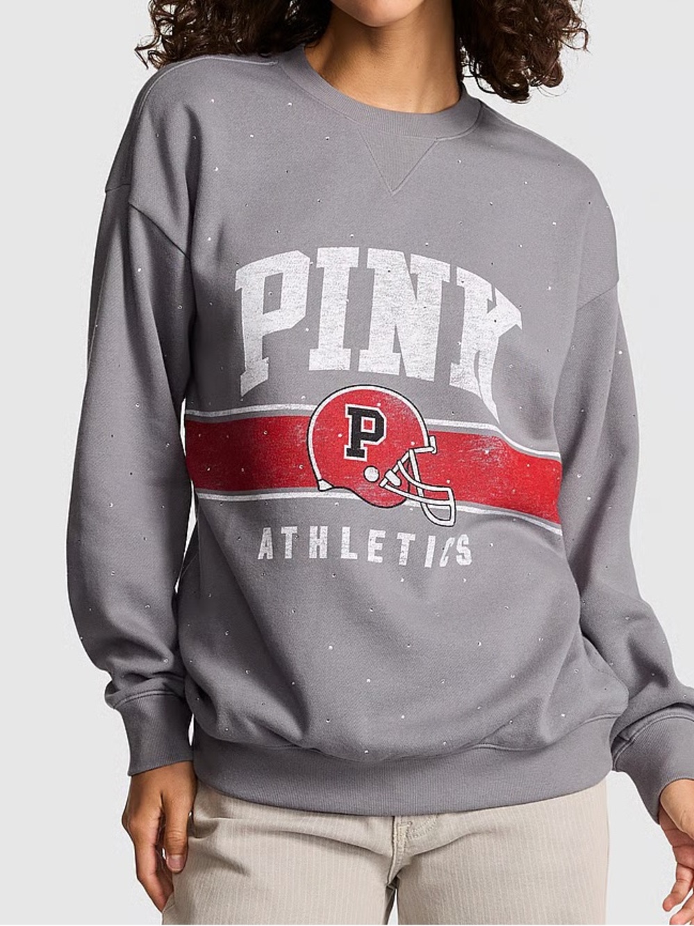 PINK Victoria's Secret Gray & Red Crewneck Sweatshirt with tiny rhinestones